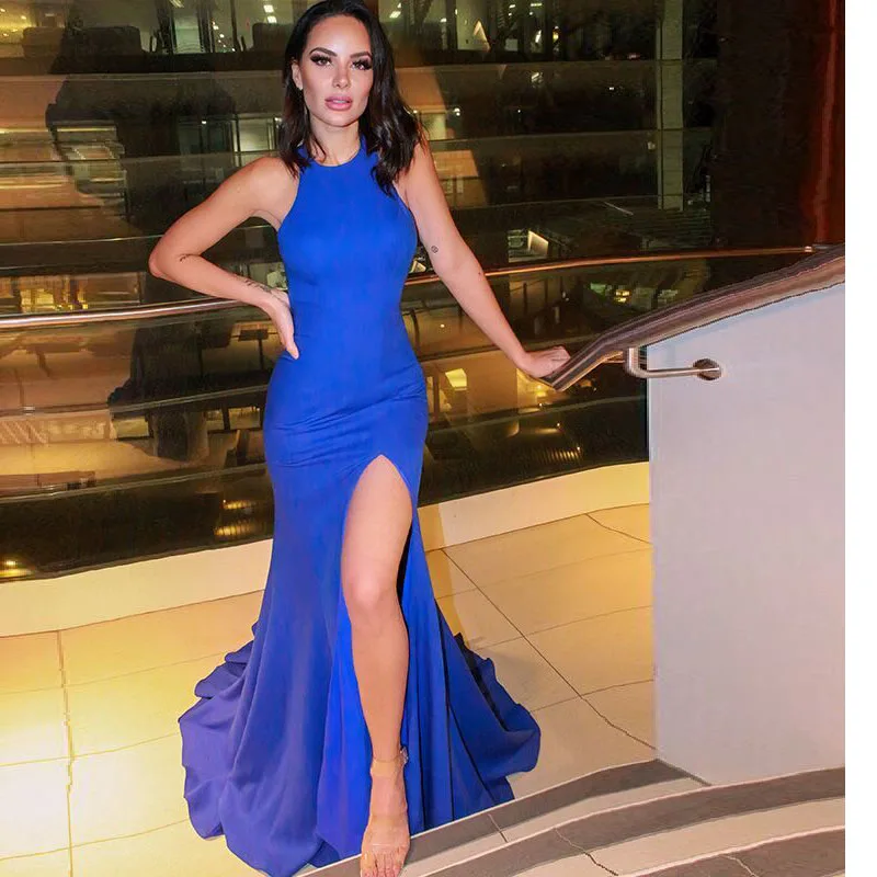 Blue Sexy 2022 Prom Dresses Sheath Crew Neck Split Front Hollow Back Women Formal Evening Gowns Party Dress Under $100