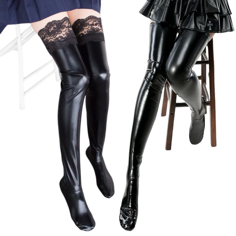 

Black Sexy Patent Leather Boots Silicone Stay Up Thigh High Stockings Women Plus Size Party Socks Hot Pole Dance Clubwear