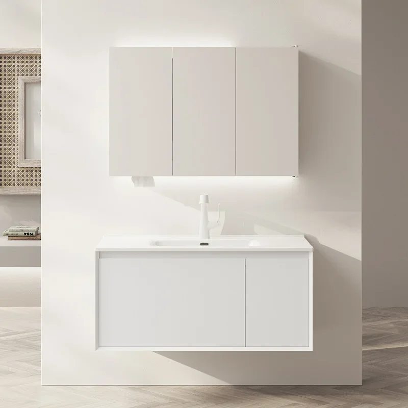 

Modern White Bathroom Cabinets Ceramic Integrated Basin Simple Smart Mirror Cabinet Bathroom Vanity with Sink Bathroom Furniture