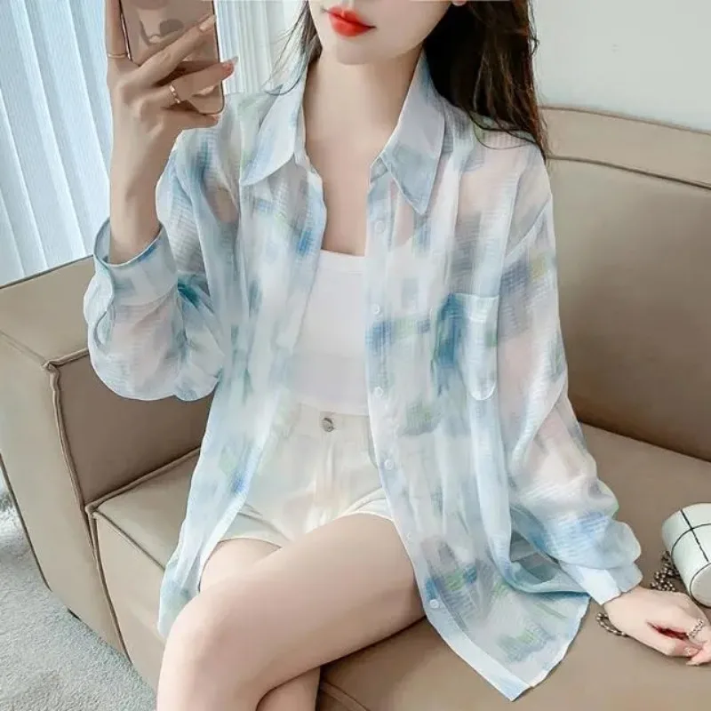 

Women Tie Dye Sheer Sun Shirt Long Sleeve Lapel Loose Casual Blouse Summer Thin Breathable Cardigan Outerwear