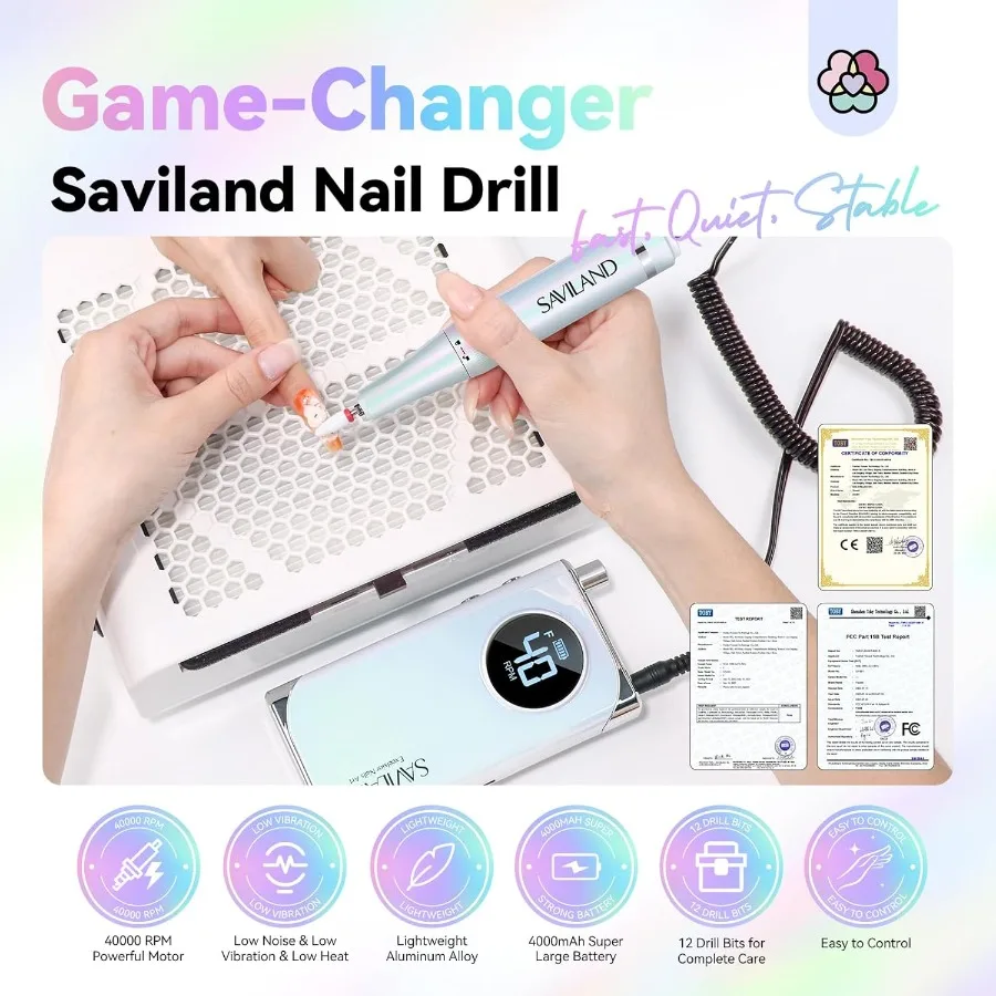 Advance Nail Drill for Acrylic Nails Professional: 40000RPM HighSpeed Rechargeable Electric Nail File with 6000mAh Battery Capa