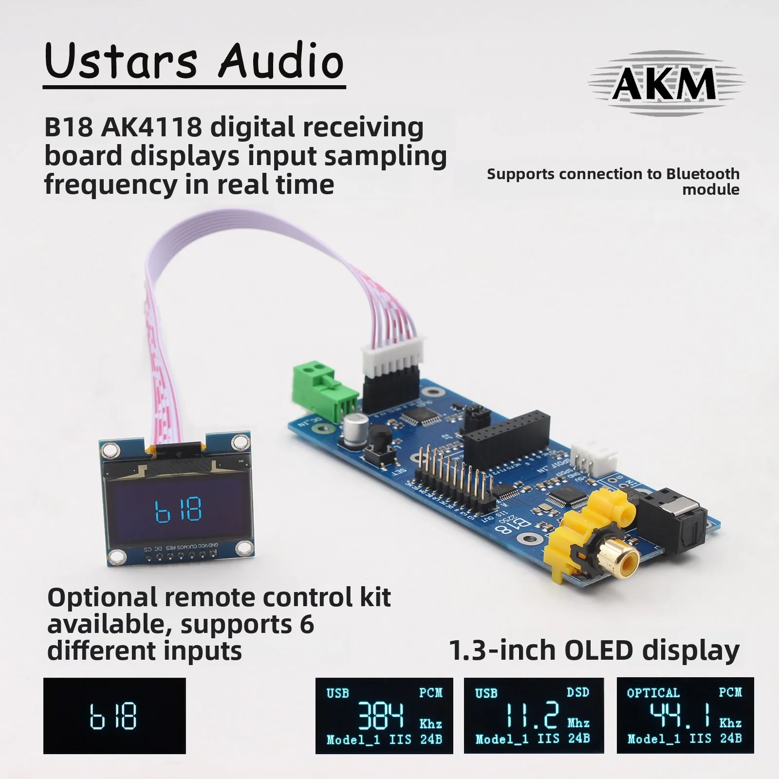 B18 AK4118 Digital Audio Receiver Board, USB Bluetooth Coaxial Fiber Optic to IIS, Support Amanero Module, Large OLED Display