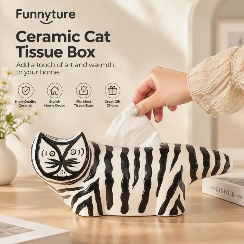Ceramic Tissue Box Creative Striped Cat Design Modern Light Luxury High End Paper Dispenser for Living Napkin Holder