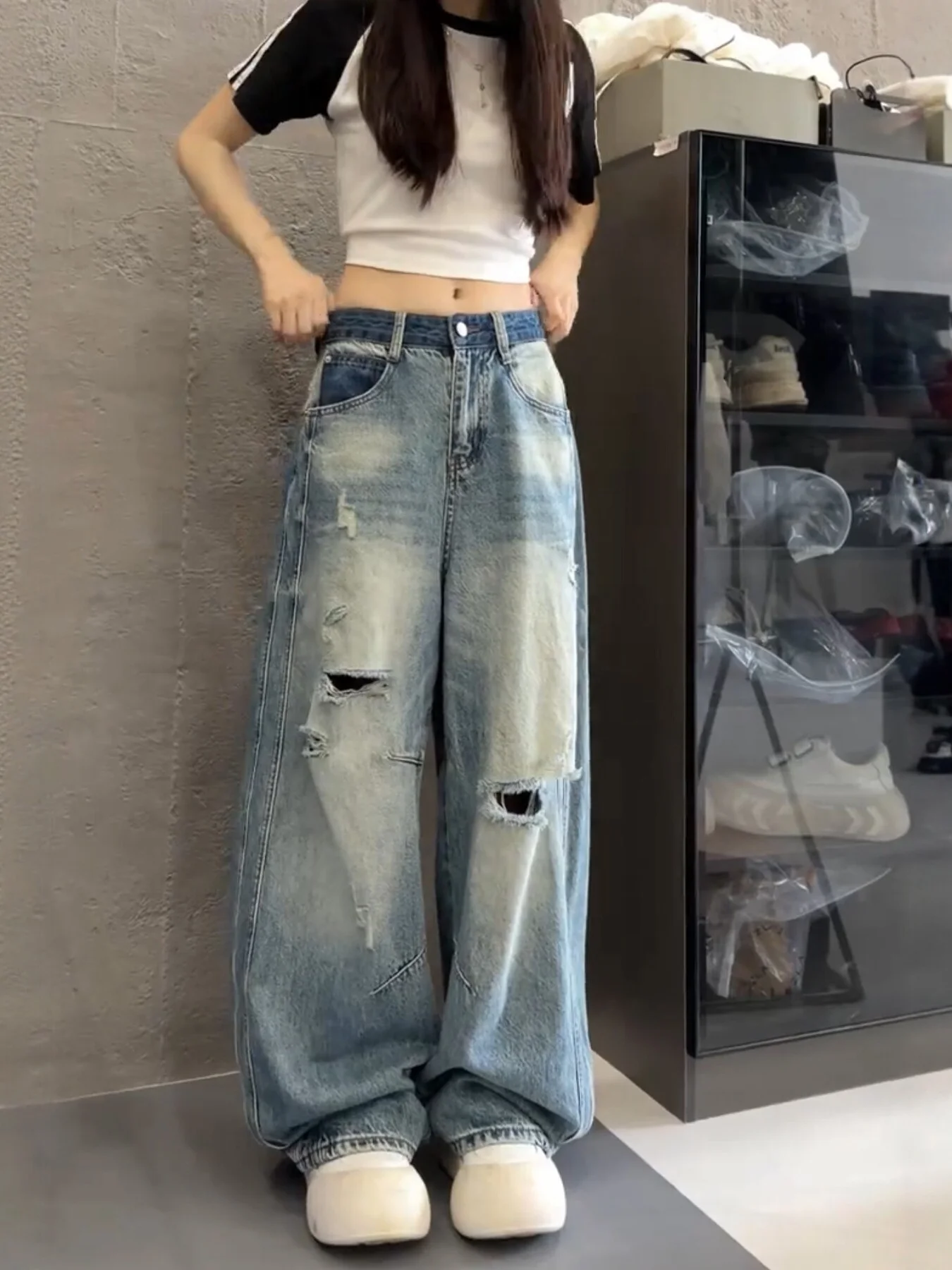 

Summer Thin Large Size Knife Denim Jeans Women's plus Size Loose Wide Leg Straight Cut Trousers Casual High Waist Hole P...