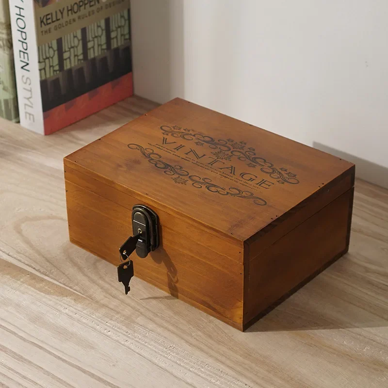 Retro Solid Wood Square Storage Boxes with Keys Desktop Treasure Chest Lockabl Solid Wood Gifts Craft Handmade Storage Box