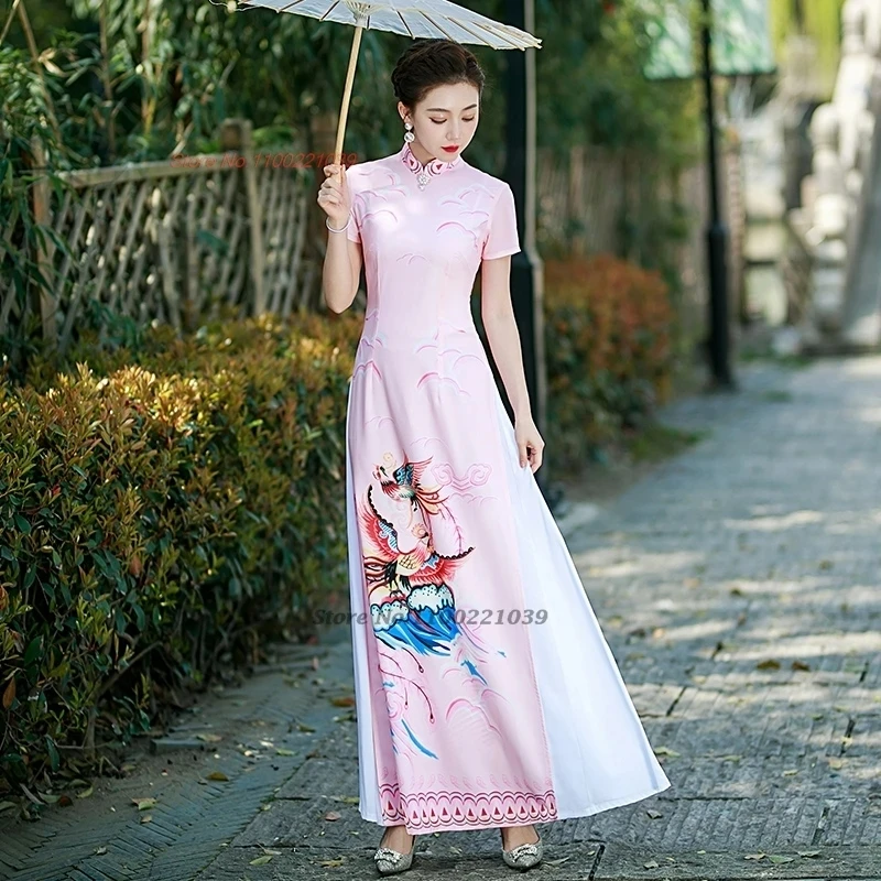 

Вьетнамское платье aodai 2025 года, традиционное китайское улучшенное платье Ципао с национальным принтом Феникса, платье Cheongsam, банкетное вечернее платье Ципао