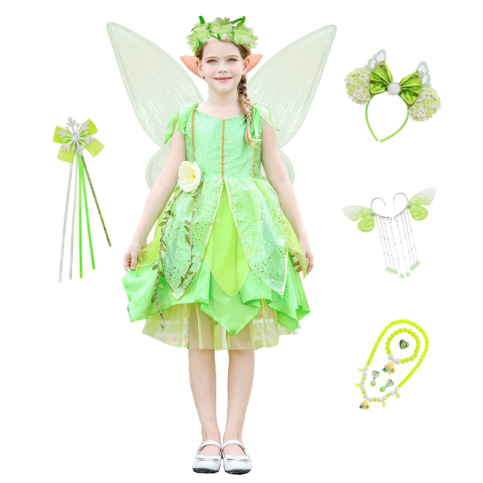 

Disney Girls Tinker Bell Fairy Wings Set Elf Character Show Clothes Birthday Party Dress 3-10 Years Old Must-have for Halloween