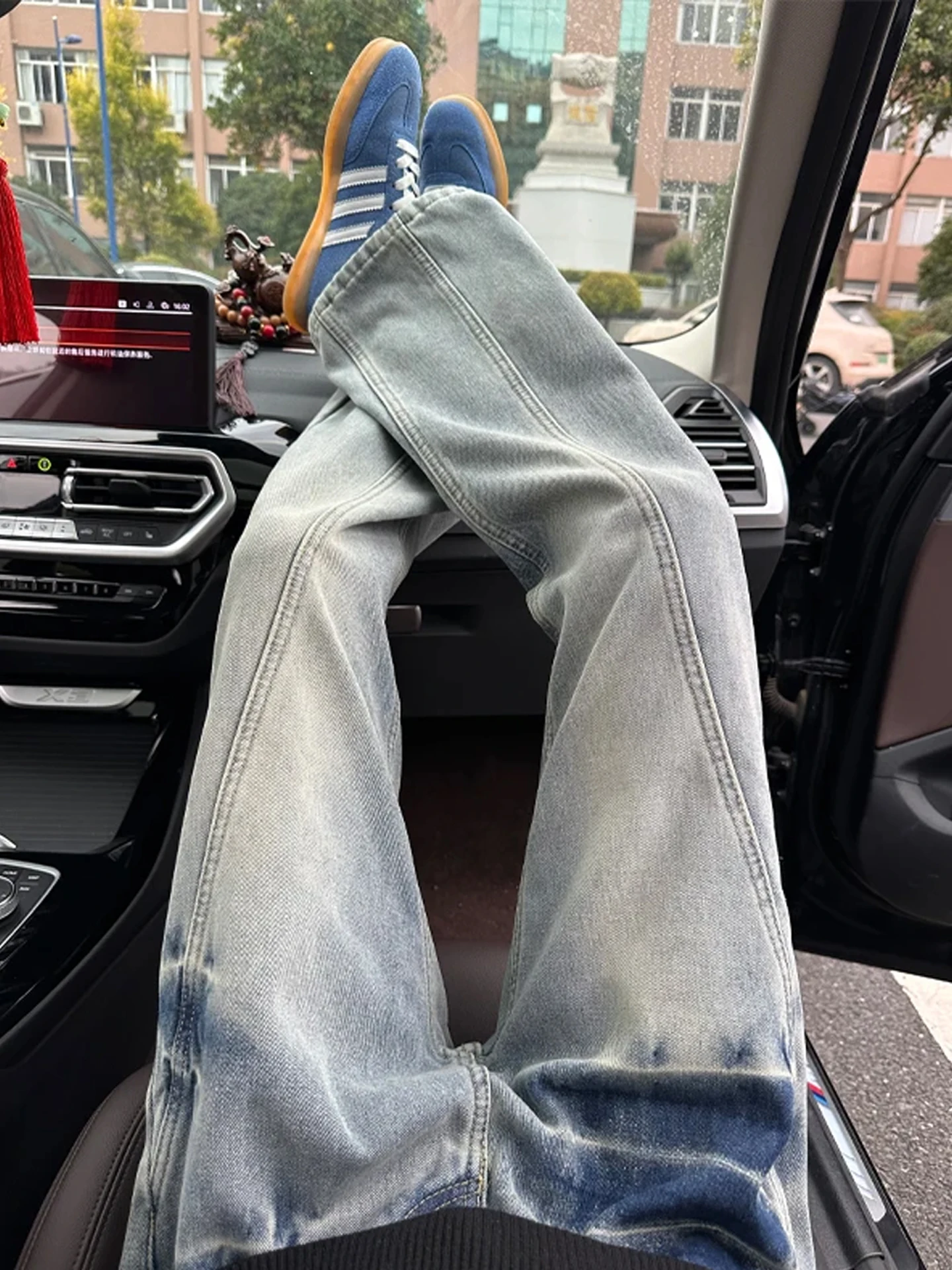 

Мужские джинсы синего цвета с узором «Молния», прямые, с легким расклешением, удлиняющие ноги, в американском стиле High Street