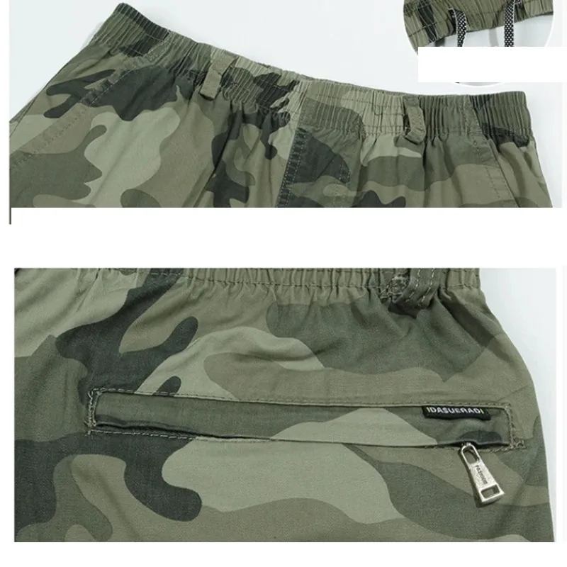 Men's Clothing Elastic High Waisted Camouflage Contrast Color Pockets Summer Cargo Straight Sweatpants Preppy Style Shorts