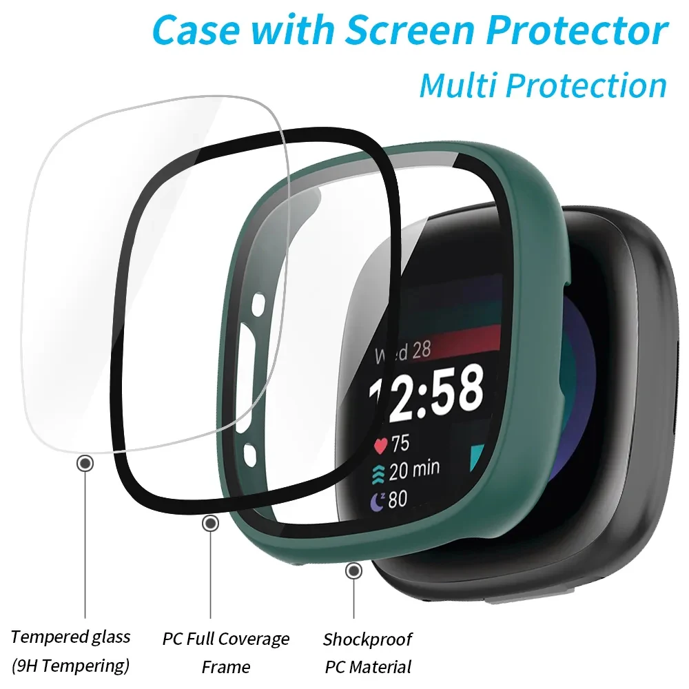 Glass+Case for Fitbit Versa Versa 4 Watch Protective Bumper Hard PC Shell HD Screen Protector for Fitbit Sense 2 Watch Cover