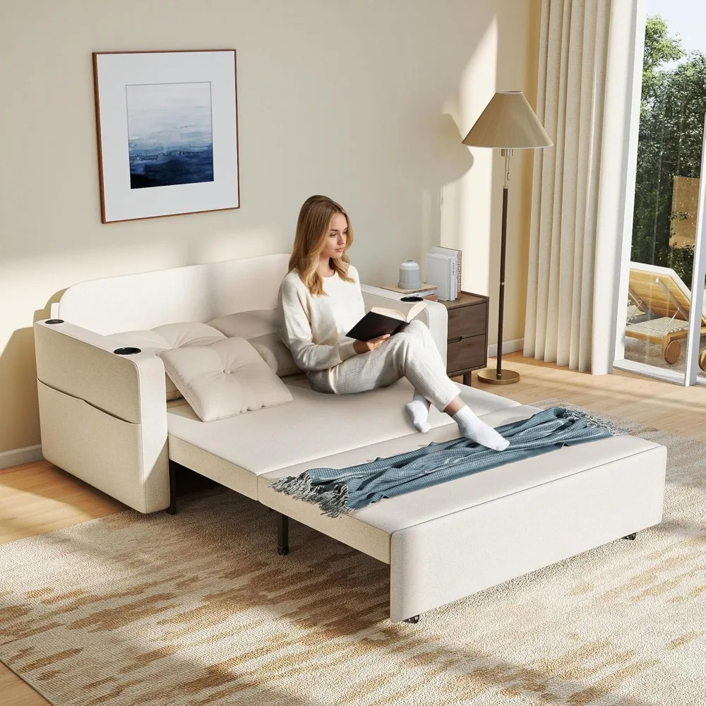 أريكة سرير 3 في 1 متعددة الوظائف، 56 مقعدًا مع حاملات أكواب، وحدة تخزين، ومنفذ USB، مثالية لغرف المعيشة والمساحات الصغيرة