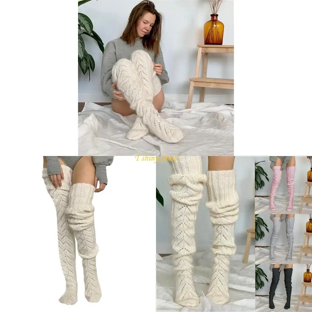 

N58F Acrylic Hollowed Knitted Over Knee Socks for Women Winter Thigh High Stockings