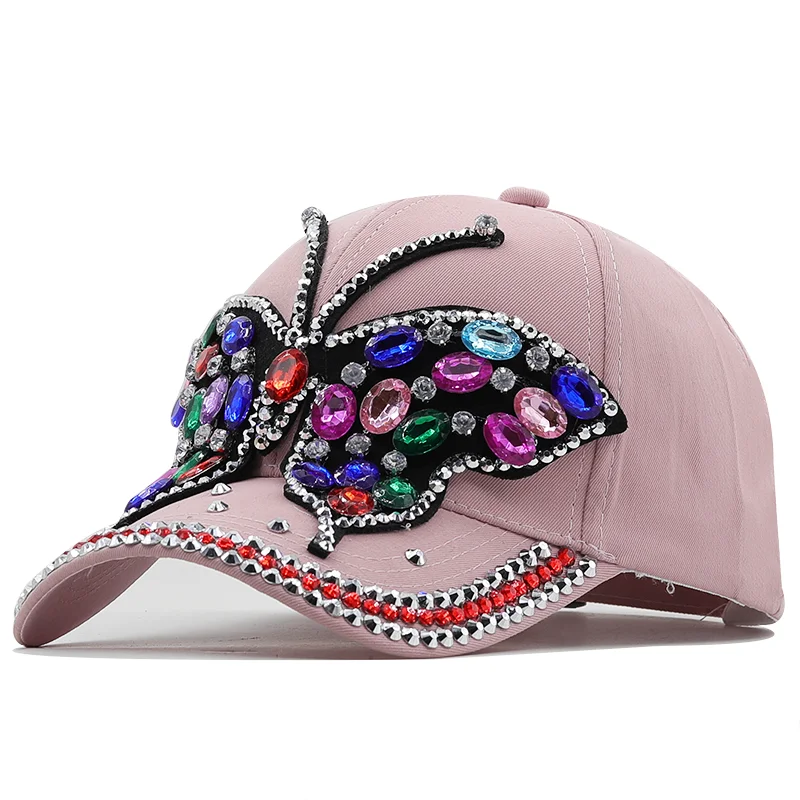 luxury DIY Baseball Cap Women Full Crystal Colorful Big Butterfly Hat Denim Bling Rhinestone Snapback Caps Casquette Summer hats