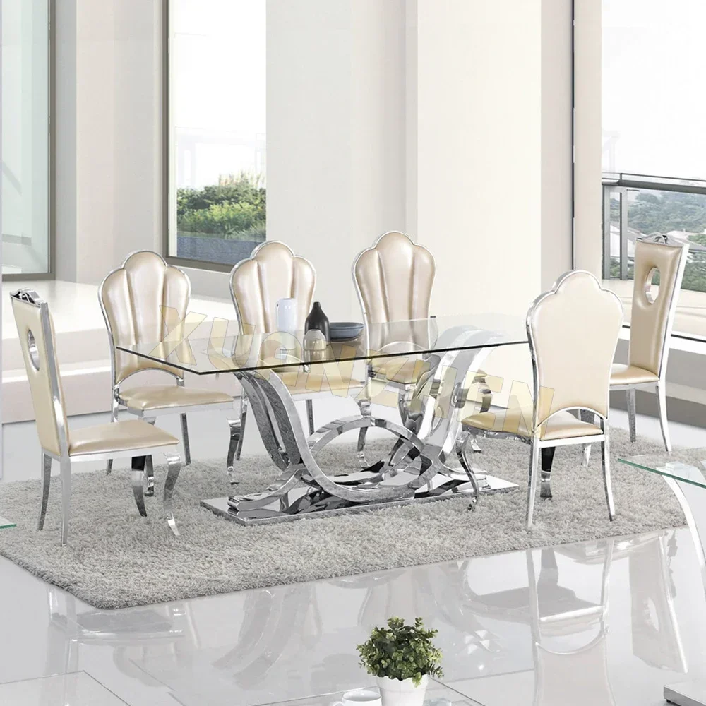 

Living Room Furniture Modern Stainless Steel Dining Table Set 4 Seater Glass Luxury Dining Table Set Tempered Glass Desktop