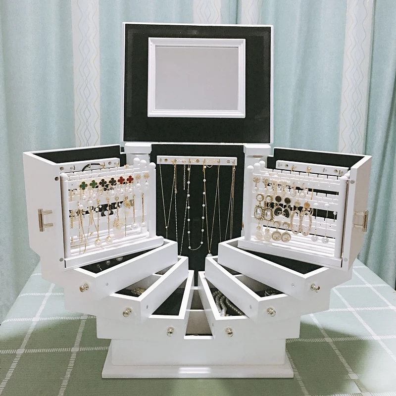 Vintage Desktop Jewelry Storage Box Large Capacity 360 Wood Multi-Layer Jewelry Box Storage Organizer Case Earrings Display Gift