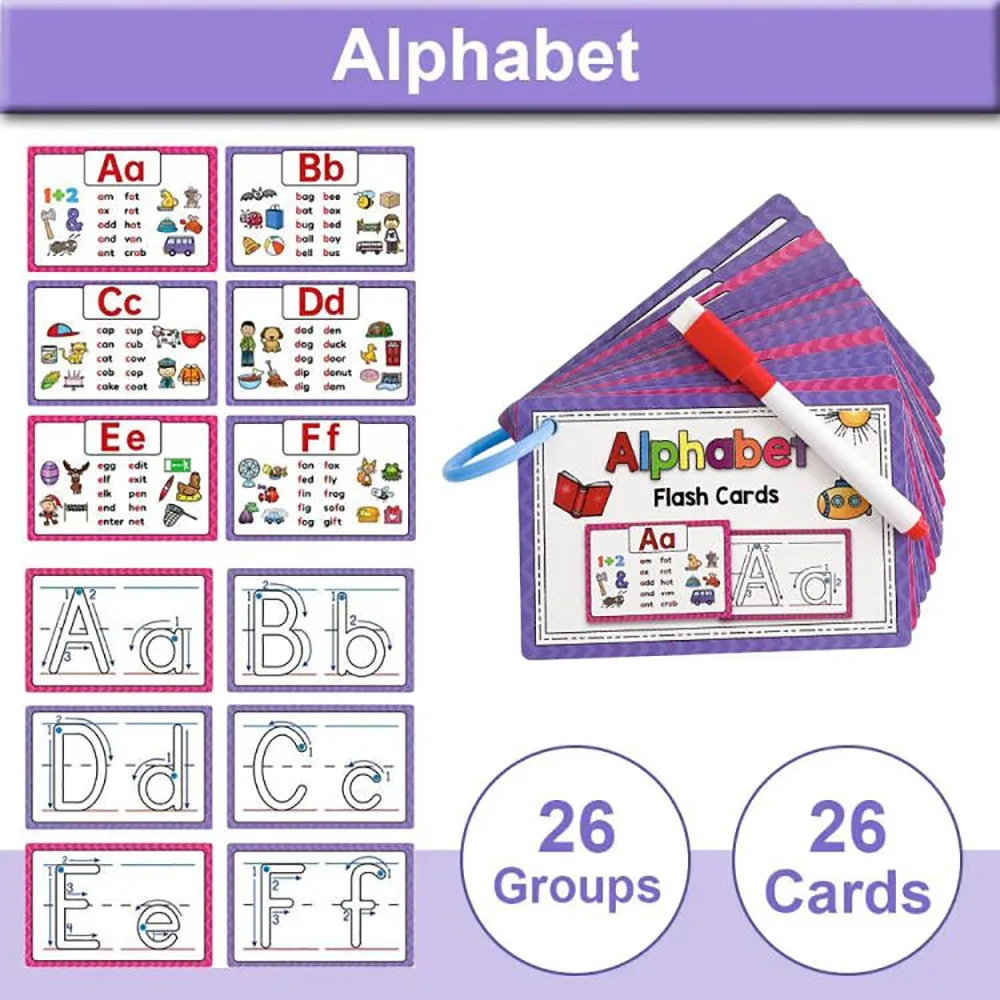 Laminated ABC Letter Tracing Practice Double-side Flash Cards Dry Erase Alphabet Learning Write and Wipe Learn English Cards