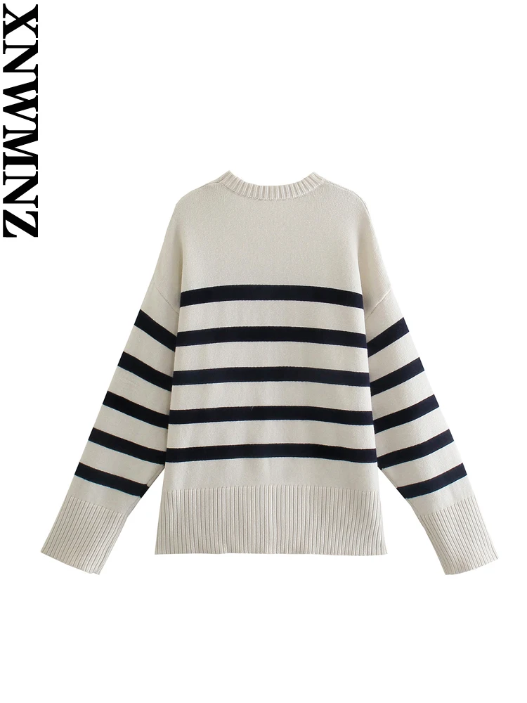 XNWMNZ Women\'s Fashion 2023 Autumn/Winter Stripe Sweater Women O Neck Long Sleeve Side Split Loose Versatile Female Pullover