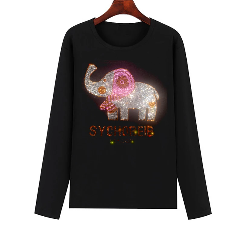 

Spring, autumn and winter women's T-shirts hot diamond diamond imprinted diamond lovely cartoon elephant lady T-shirt