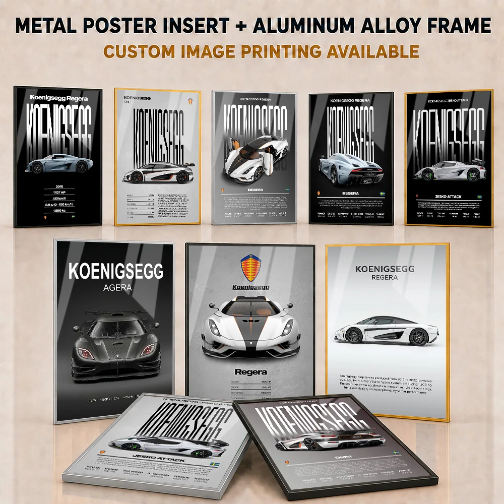 Koenigsegg Framed Metal Poster Personalized Refined Sleek Engineering Illustration Wall Art For Garage Or Workshop Driver Gift