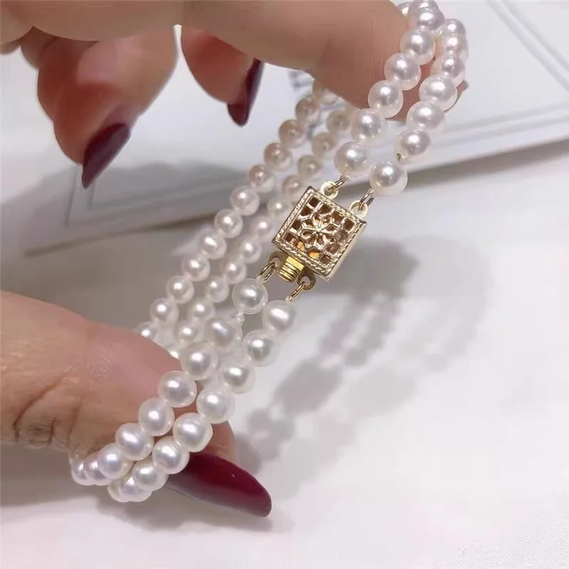 2 ROWS AAA++ 4-5MM NATURAL AKOYA WHITE PEARL BRACELET 14k CLASP 7.5-8 INCH