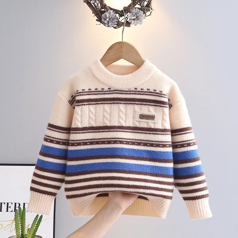 3-12 Years Autumn Winter Boys Sweater Stripe Design Full Sleeve Round Collar Knitting Shirt for Kids Child Cosy Knitwear HY11091