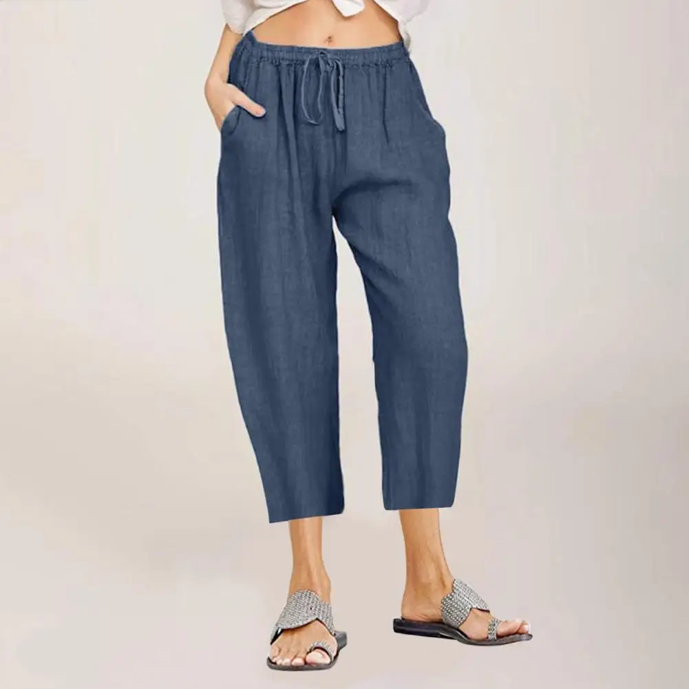 

Women Cropped Trousers Stylish Women's Summer Cropped Pants Elastic High Waist Wide Leg Drawstring Trousers for Casual Comfort