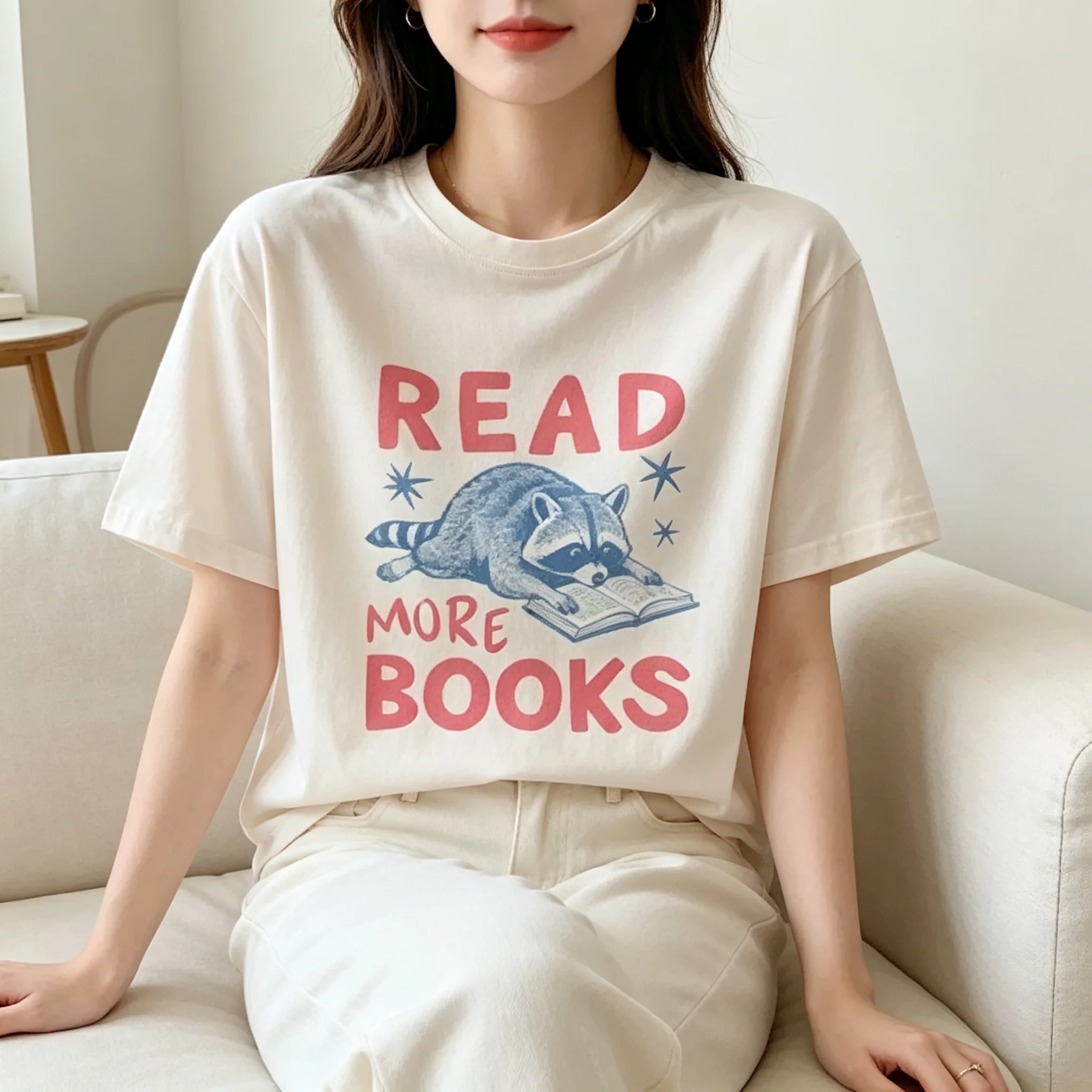 Ladies Book Lover Graphic Tee Sleepy Raccoon Reading Book Print Read More Books Letter Cotton Casual Beige Short Sleeve Tops