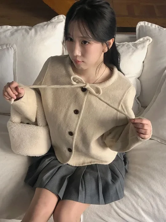 

Korean Sle Knot Belted Youthful Woolen Coat Women's Small Sweet ort Design Sense Tweed Jaet Winter Outerwear