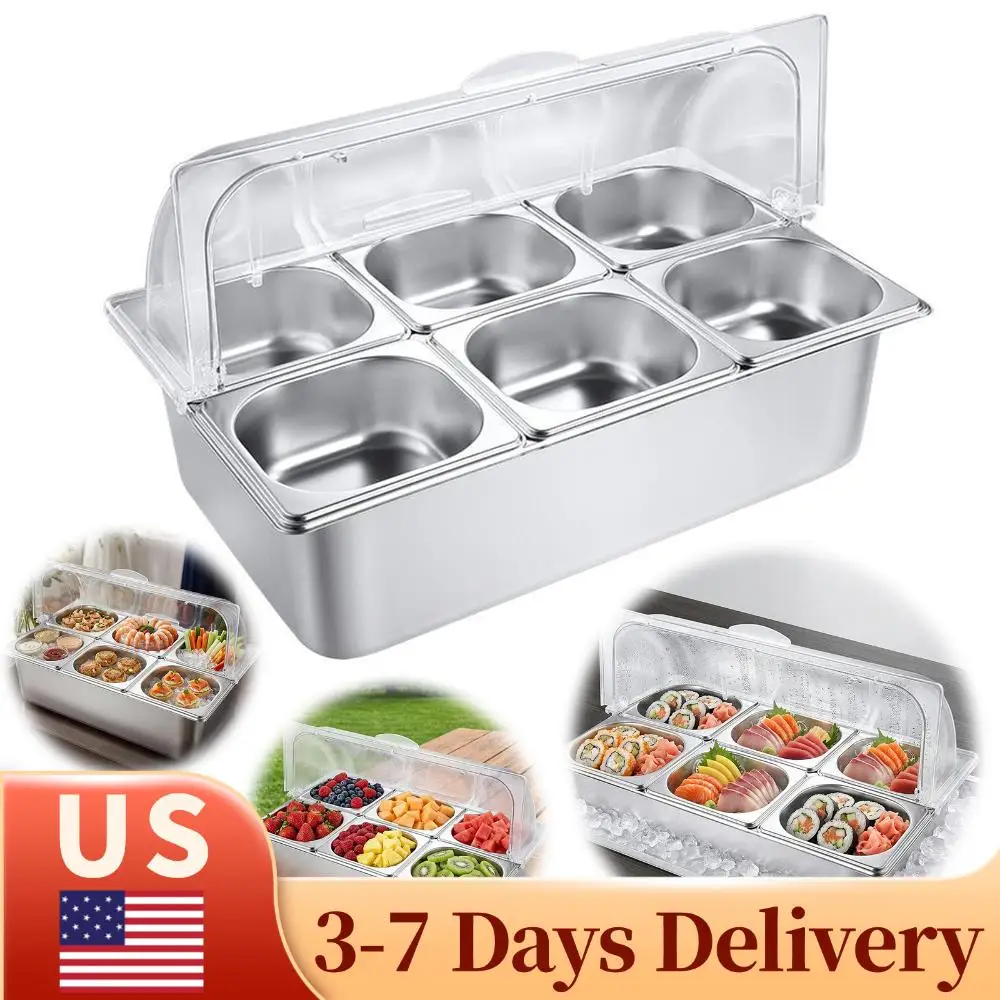 

6-секционная охлаждаемая витрина для еды из нержавеющей стали с прозрачной откидной крышкой для ресторана