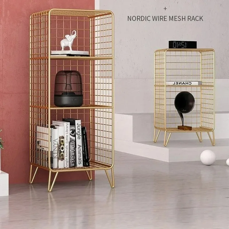 Shelf Floor Bookshelf Nordic Wrought Iron Grid Bedside Table Living Room Study Multilayer Doll Storage Bookcases for Kids