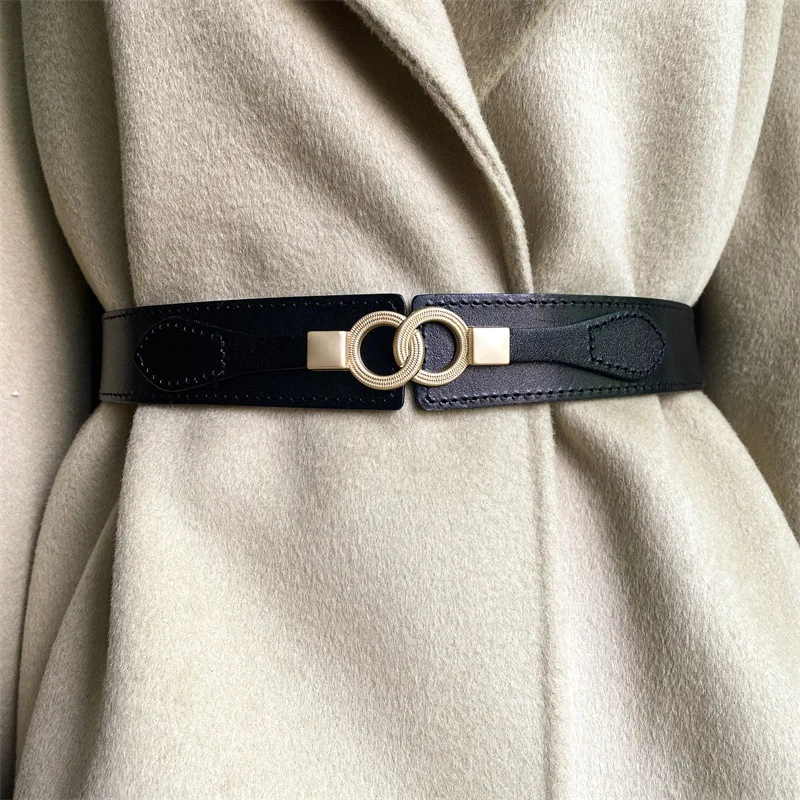 

Модный универсальный черный кожаный пояс для женщин, широкий декоративный эластичный ремень для длинных платьев-рубашек