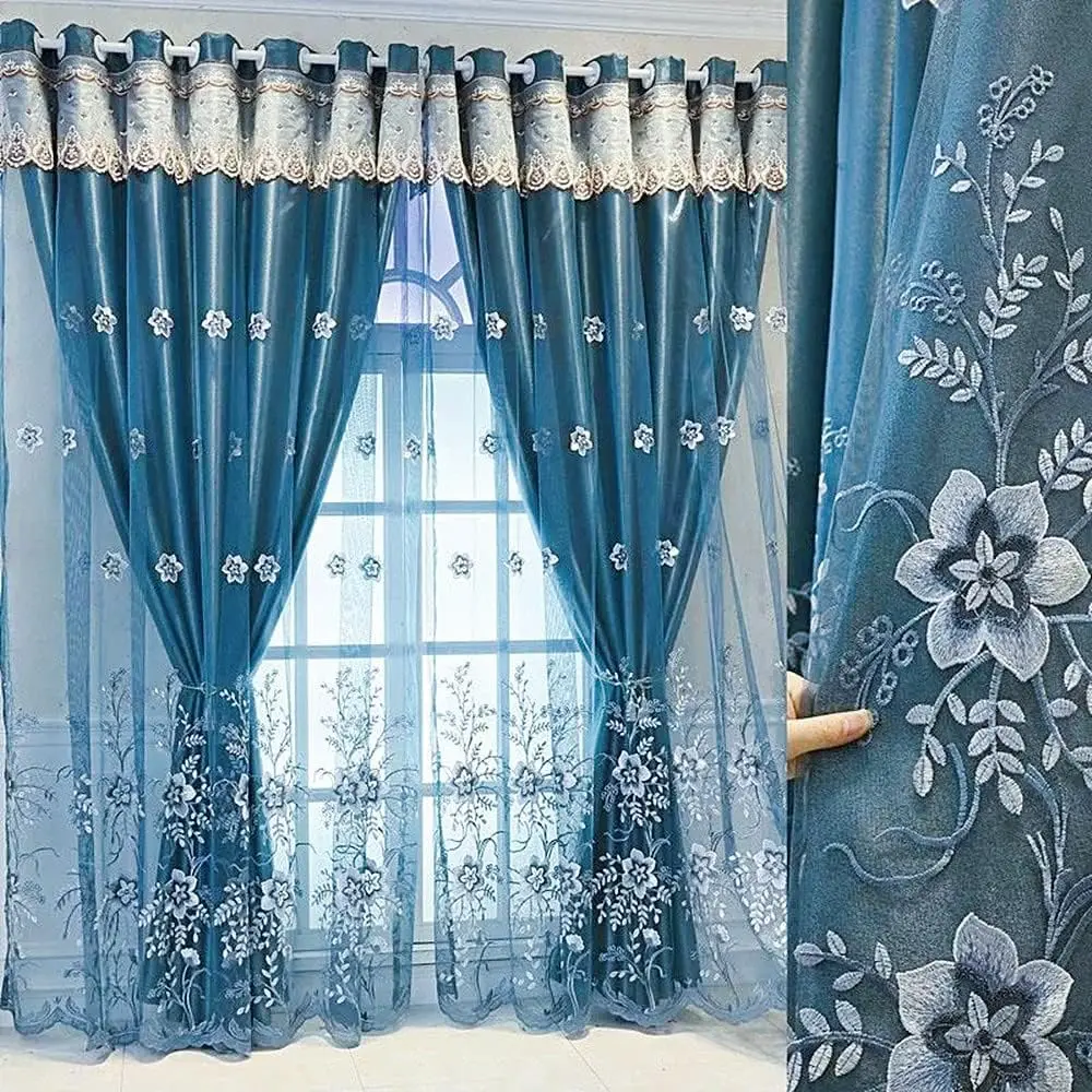 

1 Pair European Double Layer Curtains for Living Room Bedroom Luxury Flower Embroidered Curtains with Valance (Blue,52x9