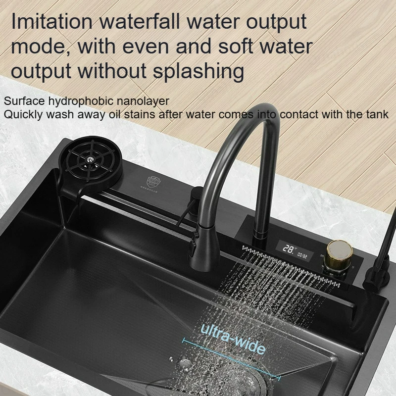 Digital Display Stainless Steel Kitchen Waterfall Sink Faucet Set Cup Washer Single Sink Dish Basin Sink with Multifunction