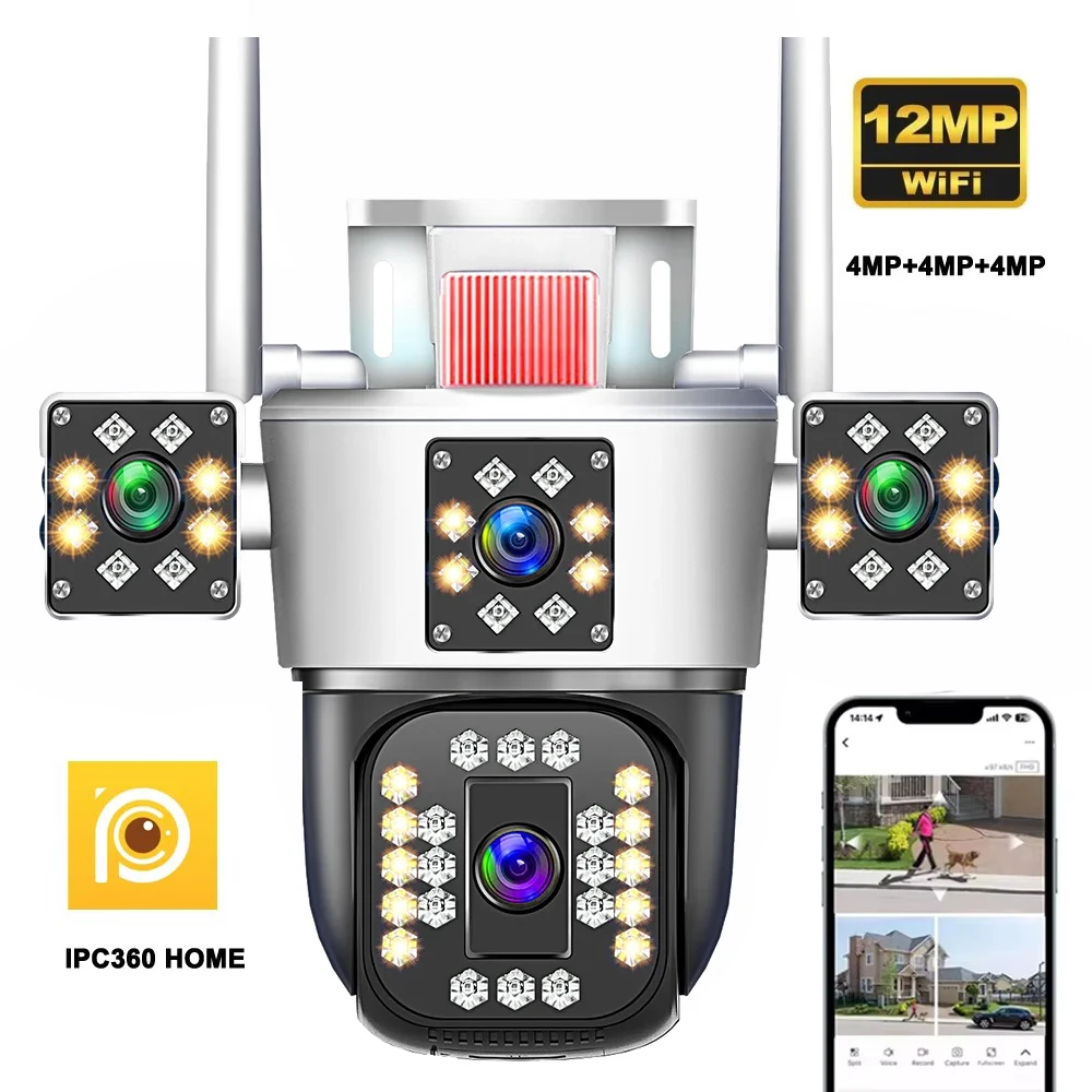 

IPC360 HOME 6K 12MP 3 Lens 3 Screens Wifi PTZ Camera Color Night Vision Motion Detection Two Way Audio IP66 Surveillance Cameras