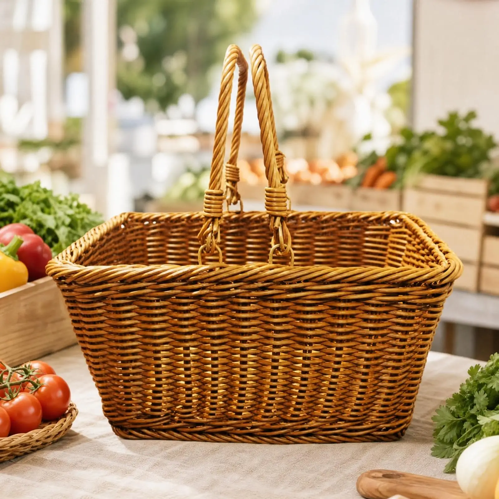 Plastic Woven Market Basket Cart with Carry Handles for Vegetables Groceries Shopping Storage Home Decor
