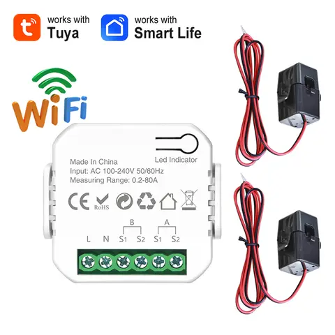 Tuya WiFi 디지털 에너지 스마트 미터 듀얼 채널 80A 전류 변압기 태양 광 PV 시스템 전력 생산 소비 모니터