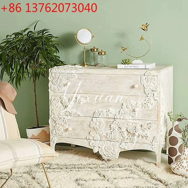 French retro hand-painted plant flower white cream wind three bucket cabinet