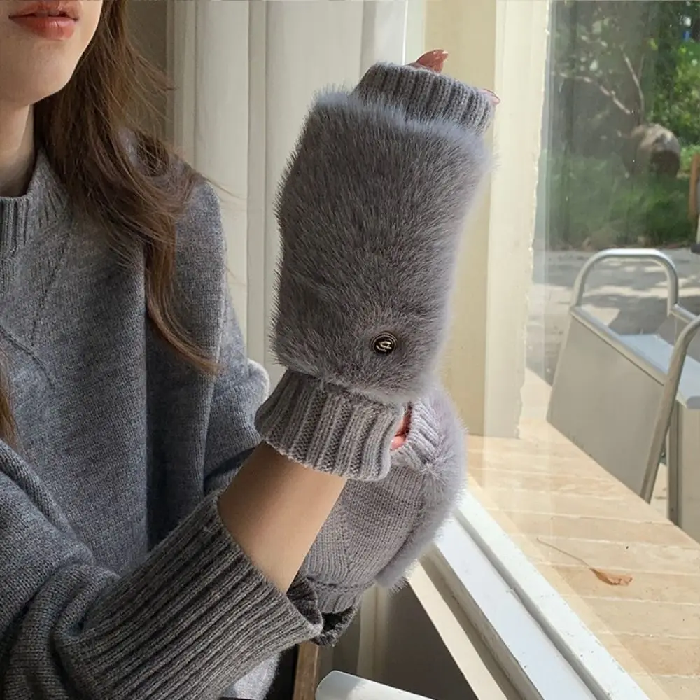 Fashionable Warm Knitted Gloves Soft Windproof Gloves Faux Fur Touch Screen Half-Finger Gloves Writing