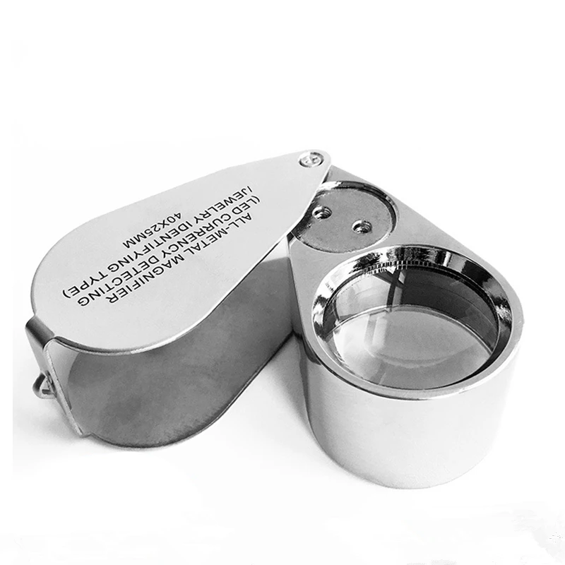 40Xmetal magnifying glass is used toidentify antiquestamps,jewelry,diamonds,feather beanswith LED light folding magnifying glass