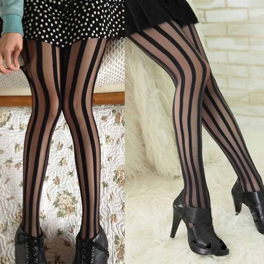Victorian Lolita Gothic Women Girl Punk Tights Pantyhose Vertical Stripe Stockings Black image 6