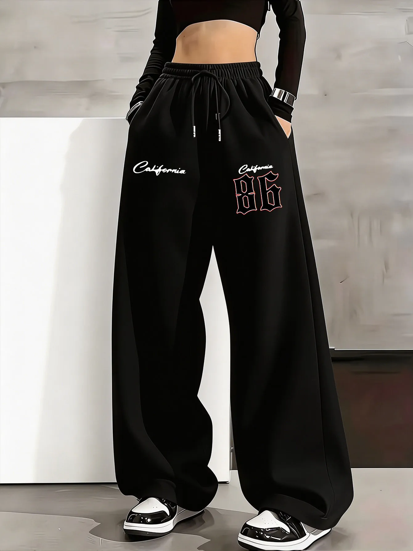 Y2K popular retro digital 86 art printed casual sports pants American casual trend women's straight leg pants