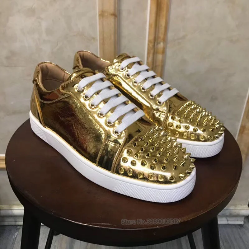 

Spiked Shoes Silver Studded Sneakers Man Round Toe Rivet Gold Sequined Flat Shoes for Man Slip On Party Shoes Male