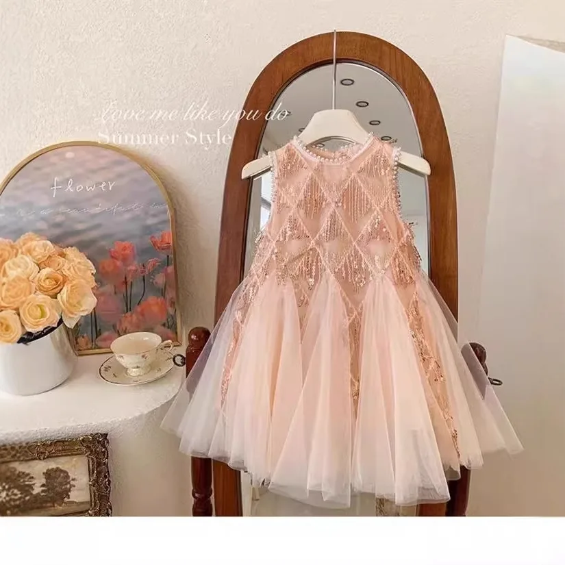 Summer  Girls' Dress 2025 New Girls' Sequined Bead Vest Dress Baby Kids Temperament Sleeveless Princess Dress for Wedding