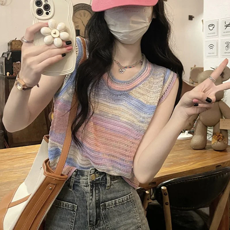 

Colourful Striped Hollow Out Knitted Vest For Women Summer Trendy O-neck Sleeveless Tops Cute Loose Female Tees