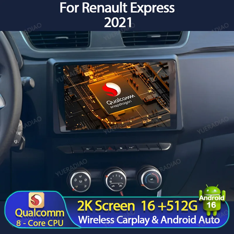 Rádio Automotivo Android 16 para Renault Express 2021 com Carplay, Auto Multimídia, Reprodutor de Vídeo, GPS, Navegação, Unidade Central com 4G, WIFI e QLED