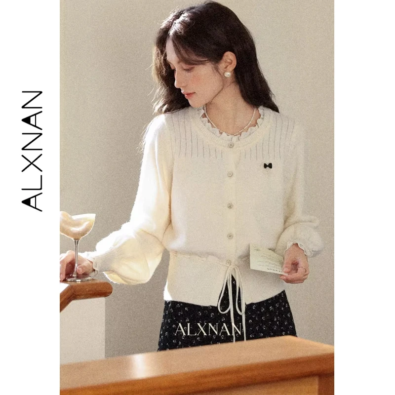 ALXNAN 플러스 사이즈 버튼 가디건 드로스트링 밑단 라운드넥 신축성 니트 스웨터 슬림 엘레강트 특별 따뜻한 여성 상의 D57526