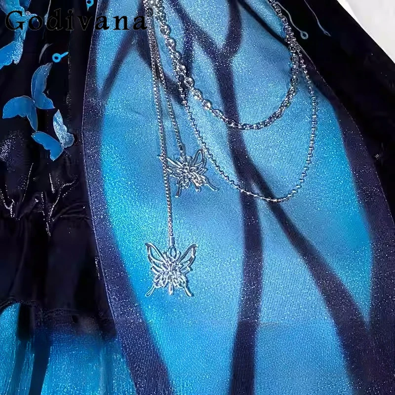 여성 할로윈 Cos 의류 드레스 세트 게임 애니메이션 블루 블랙 코스프레 정장 여성 나비 날개 소품 드레스 의상