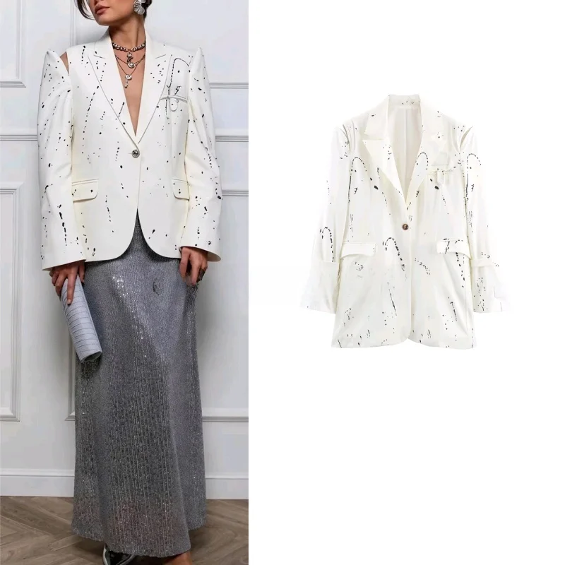 

Autumn New Arrival Women's Casual Sle Single Button Turn-down Collar Long Sve Splaed Ink Print oulder-baring Suit Ja...