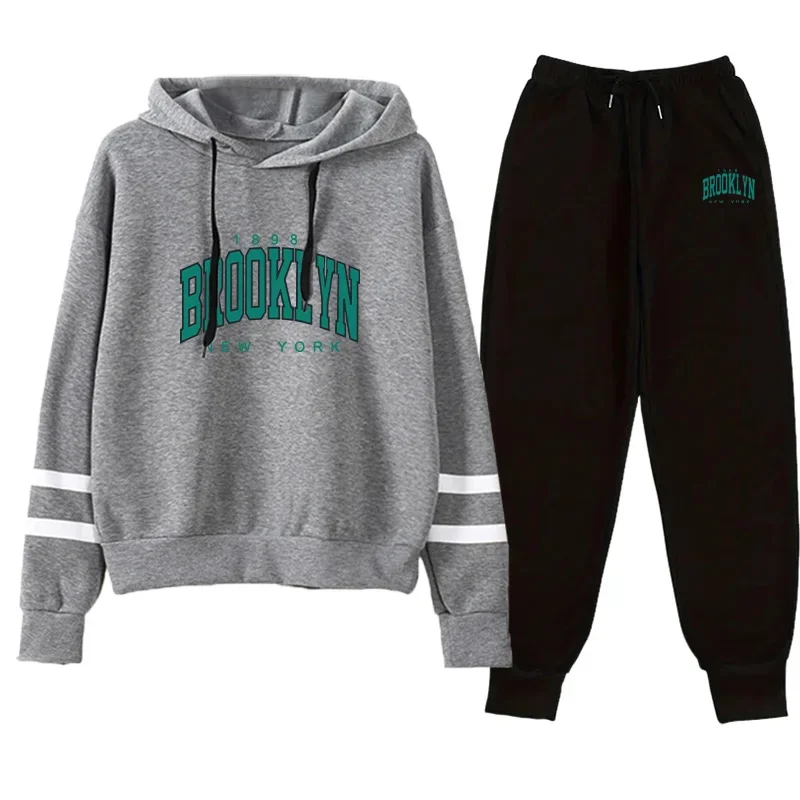 Setelan Olahraga Wanita Motif Kasual Sweatshirt Jogging Pakaian Wanita Musim Gugur-Dingin Pakaian Olahraga Jalanan Hoodie Celana Satu Potong