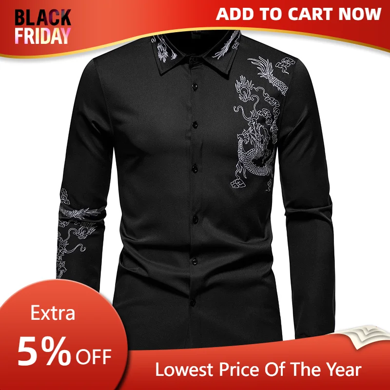 Dragon Embroidered Long Sleeve Shirt Autumn and Winter Single Breasted Slim Fit Button Retro Social Dress Shirt Street Wear